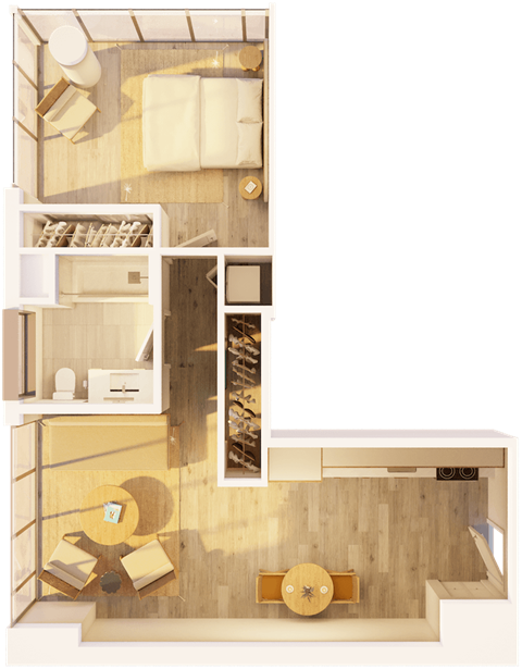 Floor plan for 1 bed, 1 bath, 647 sqft